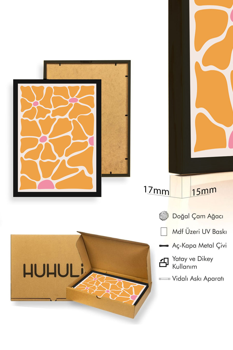 Doğal Ahşap Çerçeveli Retro Çiçek Desenli Tablo - Turuncu Pembe | huhu2548