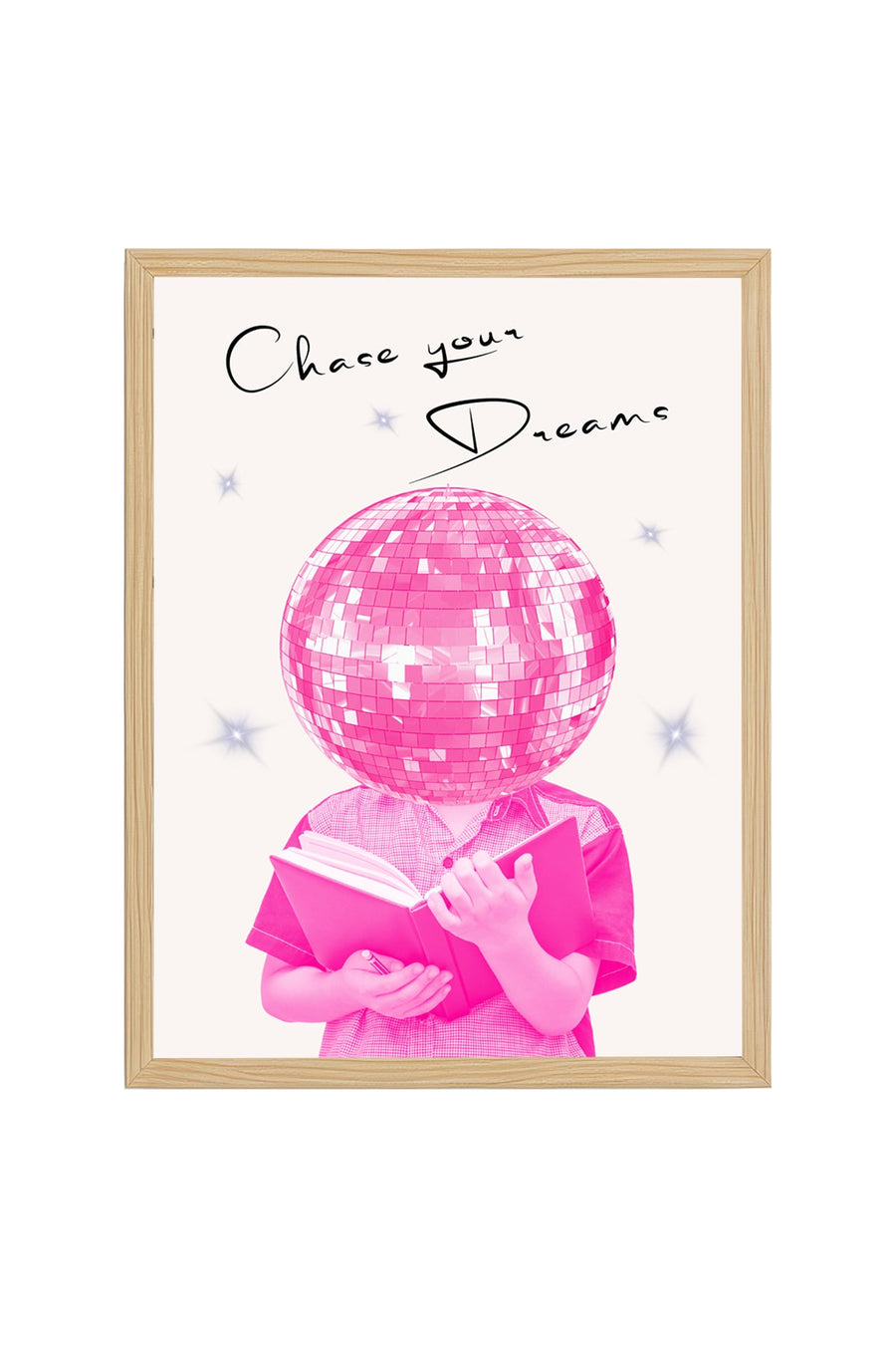 Doğal Ahşap Çerçeveli Retro Tablo - Pembe Disco Topu Portre Sanatı | huhu2549