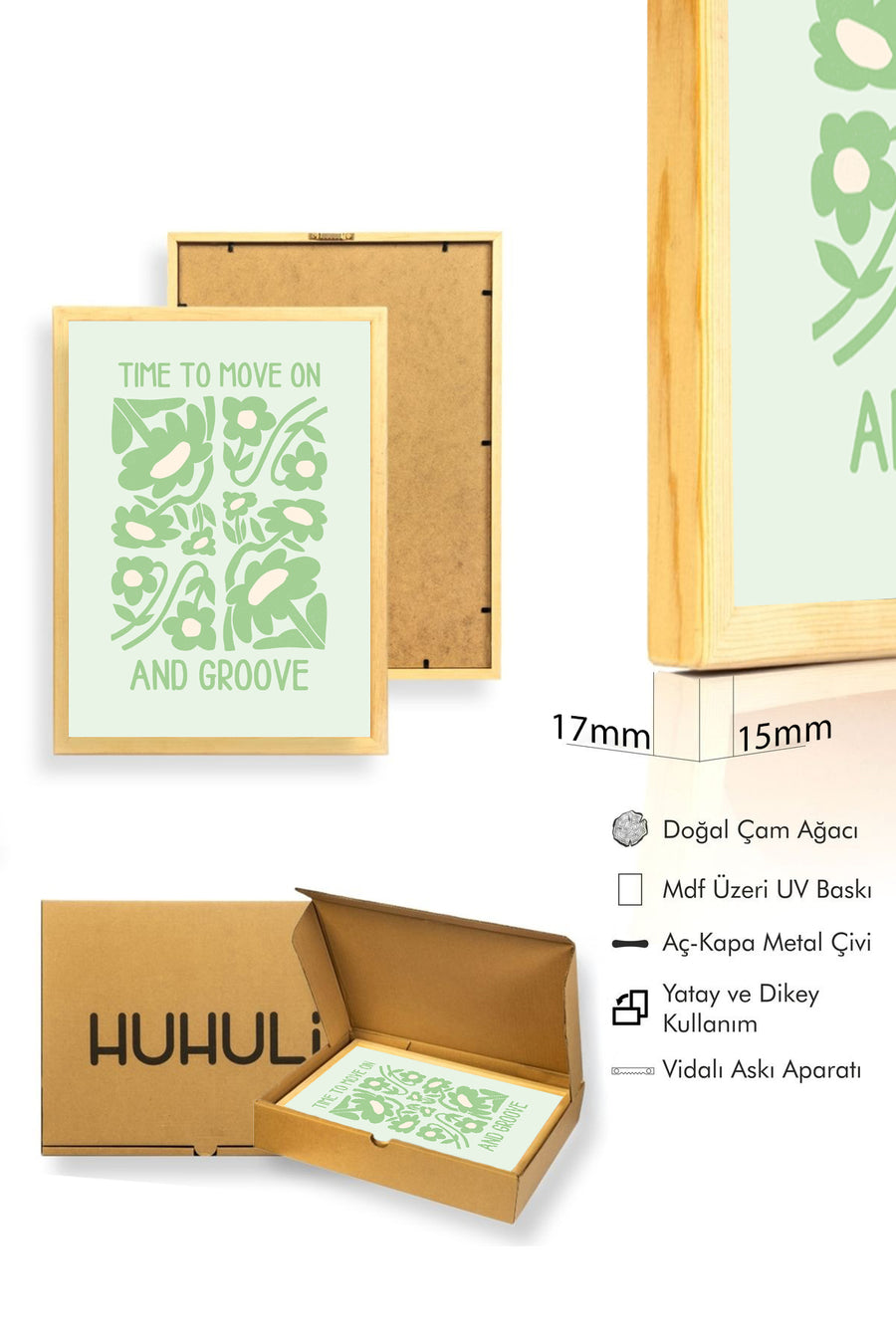 Doğal Ahşap Çerçeveli Retro Botanik Tablo - Çiçek Desenli | huhu2550