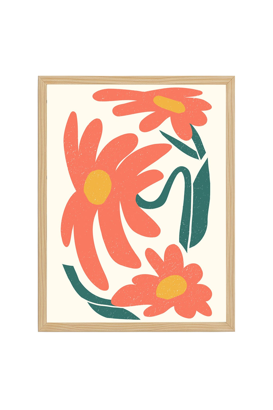 Doğal Ahşap Çerçeveli Retro Floral Tablo - Turuncu Çiçek Desenli | huhu2551
