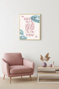 Doğal Ahşap Çerçeveli Retro Tablo - Boho Tarzı Kadın Portresi - Pembe | huhu2553