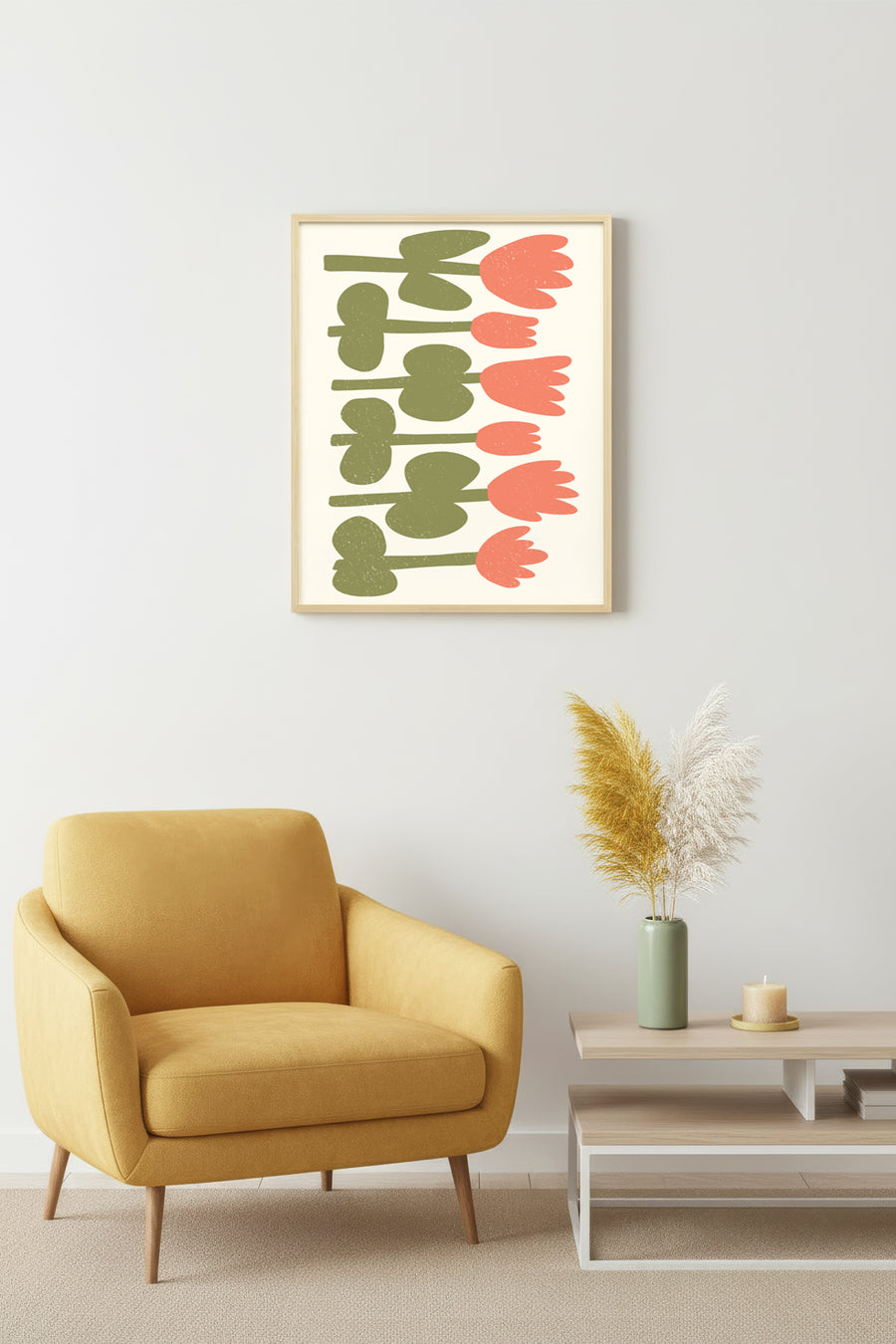 Doğal Ahşap Çerçeveli Retro Çiçekli Tablo - Pastel Bahar Desenli | huhu2554