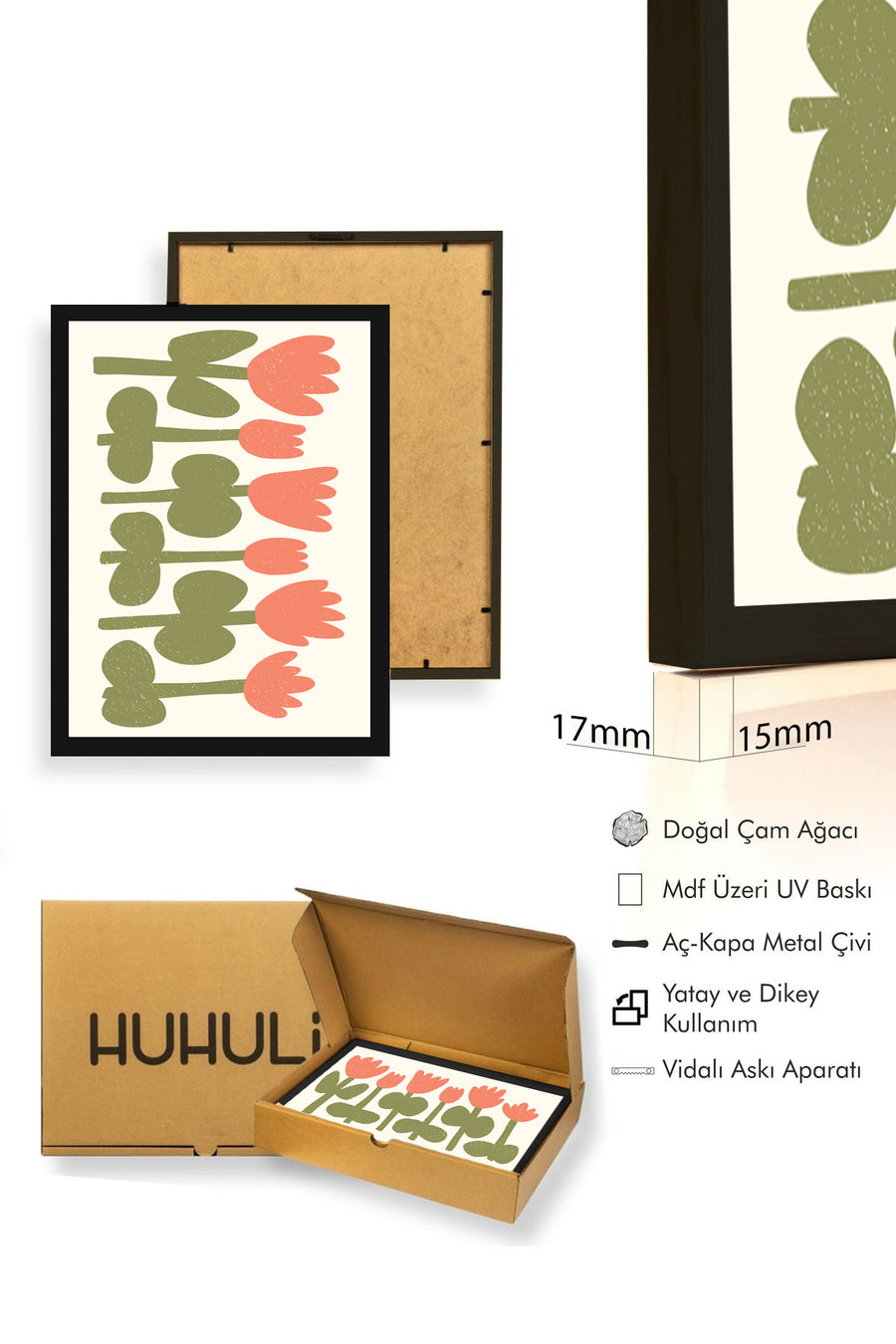 Doğal Ahşap Çerçeveli Retro Çiçekli Tablo - Pastel Bahar Desenli | huhu2554