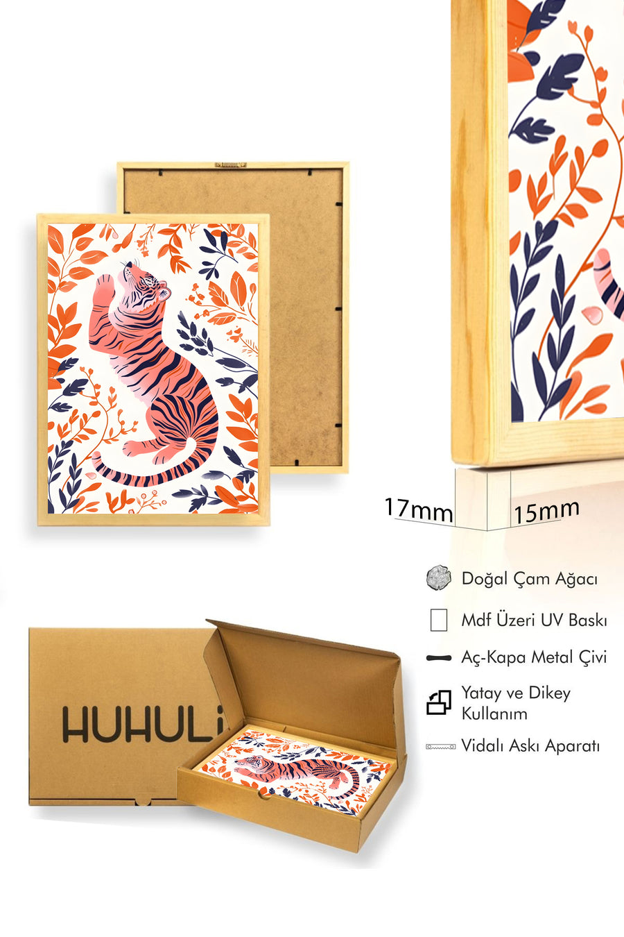 Doğal Ahşap Çerçeveli Retro Kaplan Tablo - Canlı Turuncu Orman Hayvanı İllüstrasyon | huhu2555