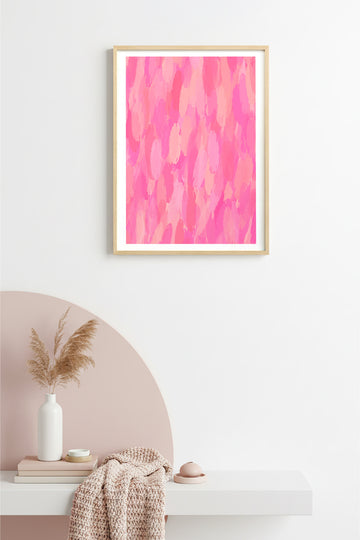 Doğal Ahşap Çerçeveli Retro Soyut Tablo - Pastel Pembe Tonlar | huhu2560