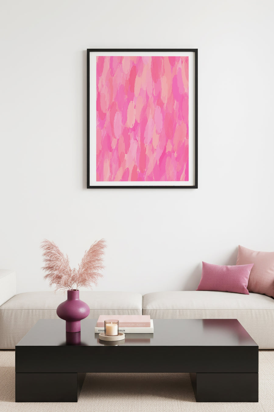 Doğal Ahşap Çerçeveli Retro Soyut Tablo - Pastel Pembe Tonlar | huhu2560