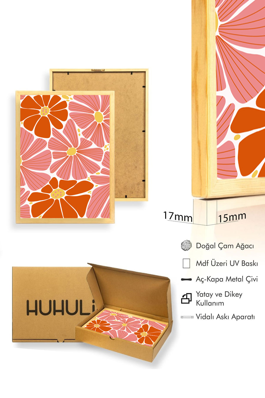 Doğal Ahşap Çerçeveli Retro Çiçek Desenli Tablo - Turuncu ve Mercan Tonları | huhu2562