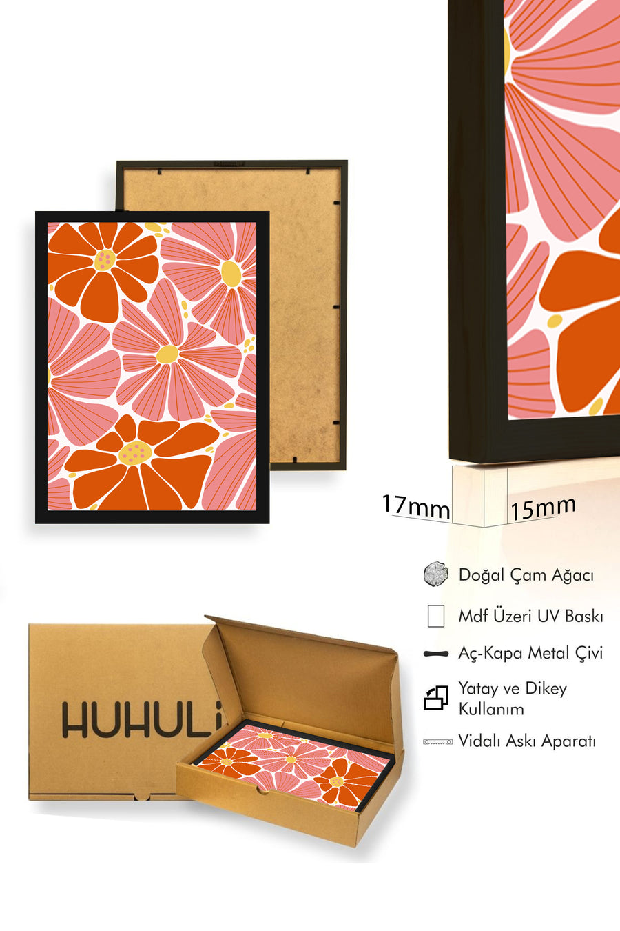 Doğal Ahşap Çerçeveli Retro Çiçek Desenli Tablo - Turuncu ve Mercan Tonları | huhu2562