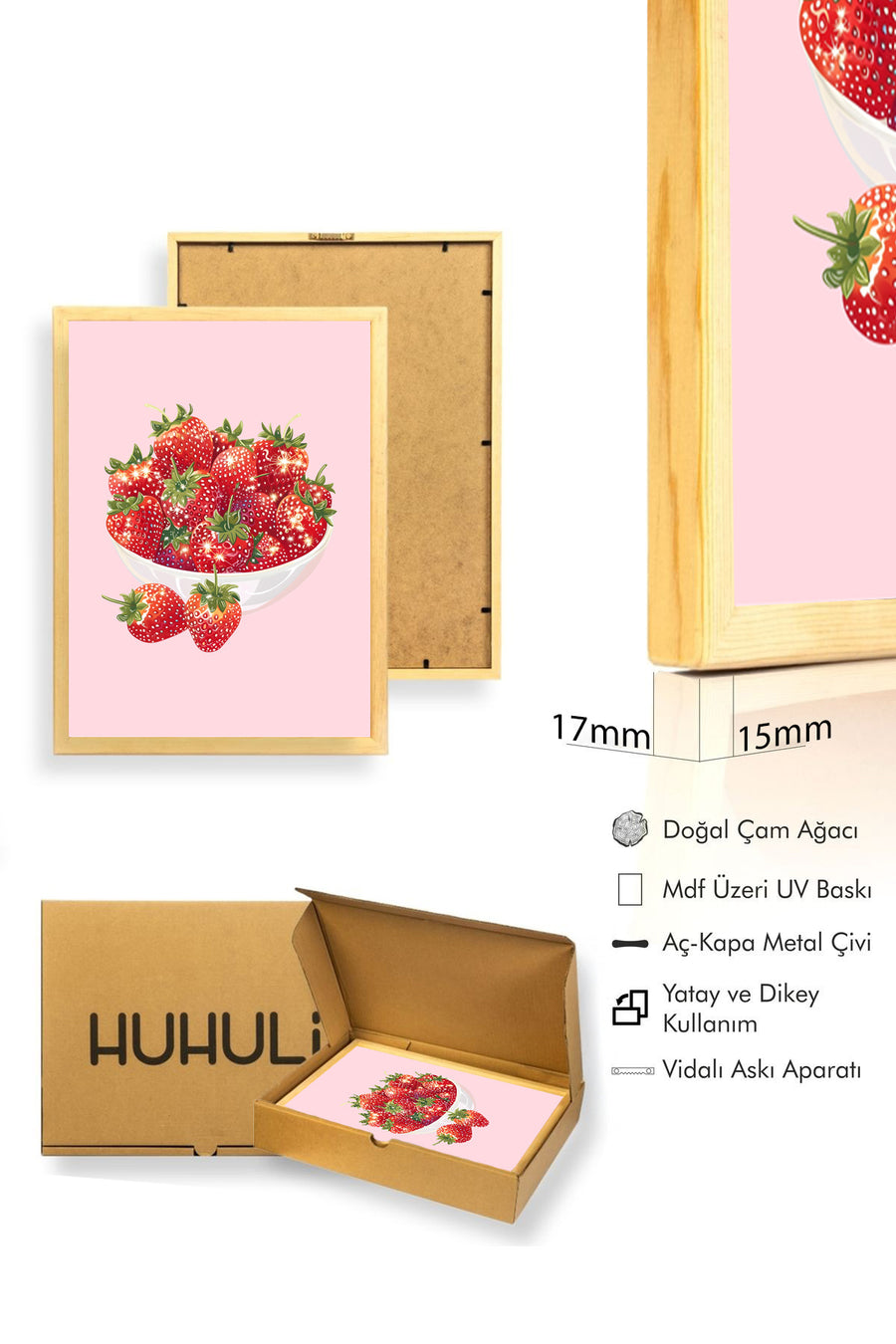 Doğal Ahşap Çerçeveli Retro Çilek Tablo - Canlı Kırmızı | huhu2564