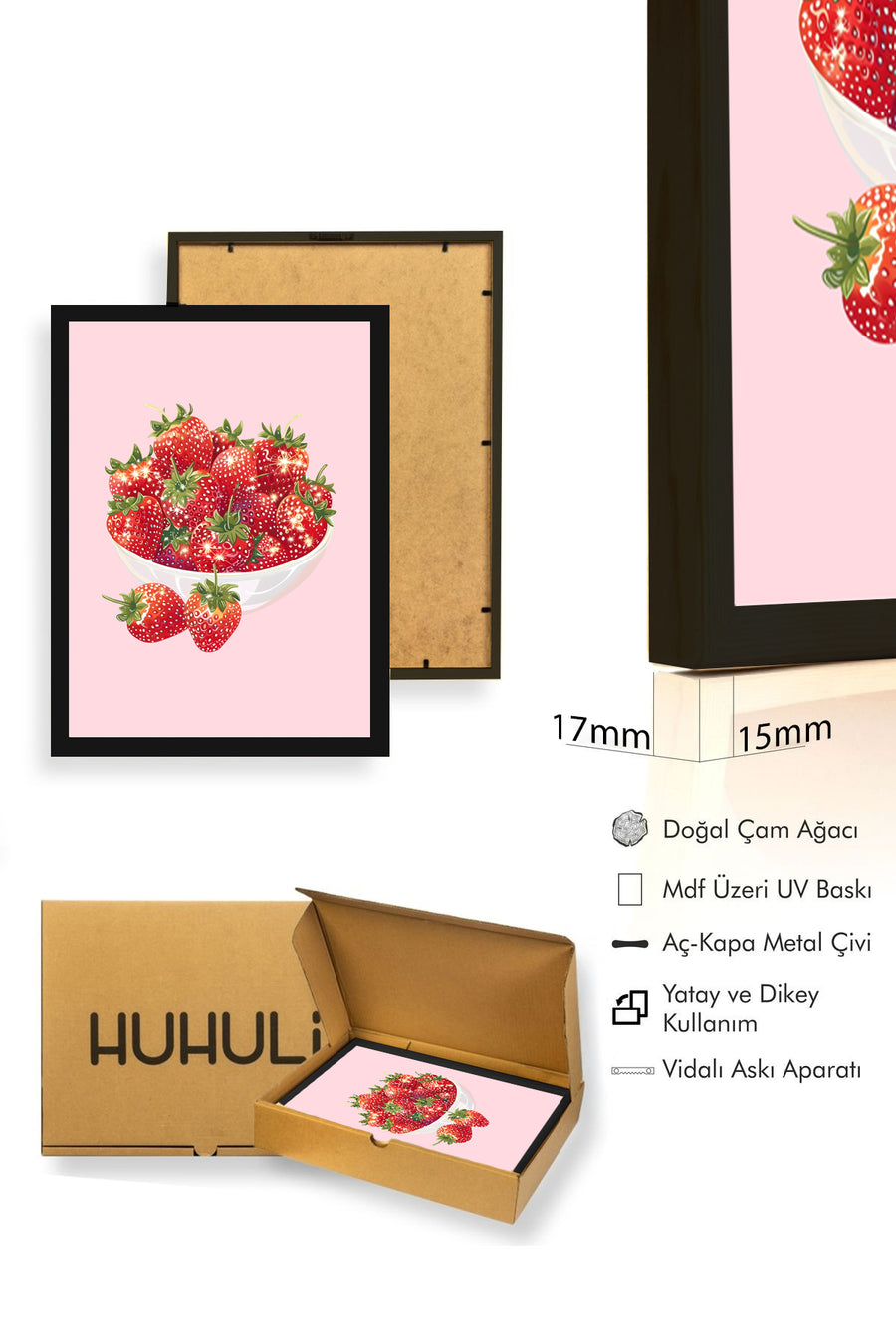 Doğal Ahşap Çerçeveli Retro Çilek Tablo - Canlı Kırmızı | huhu2564
