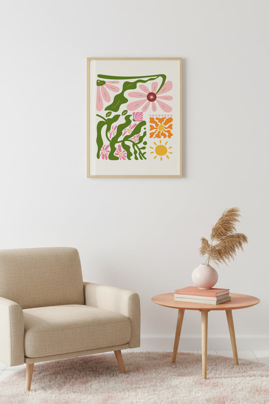 Doğal Ahşap Çerçeveli Retro Boho Çiçek Tablo - Pastel Tonlar | huhu2565
