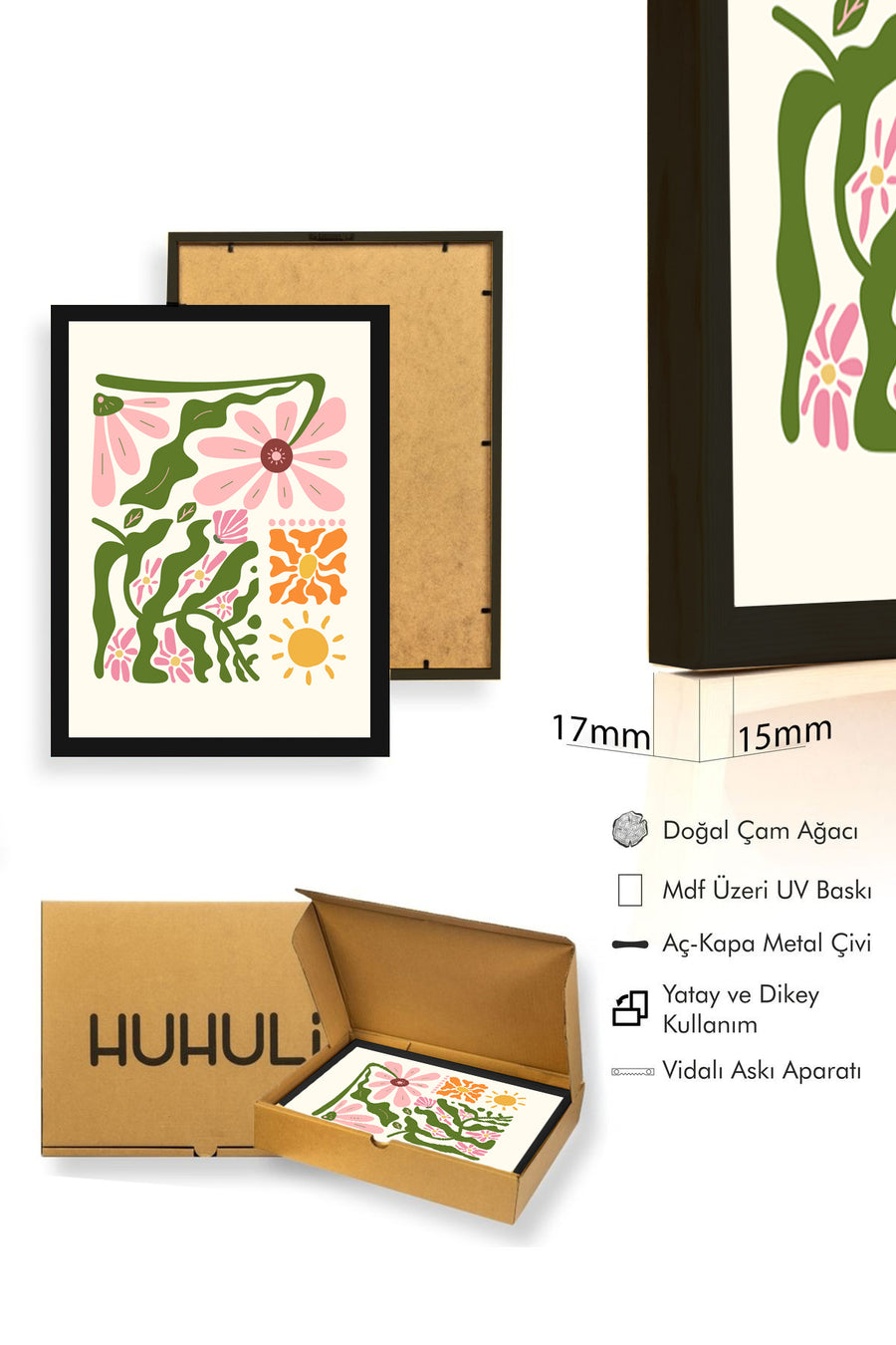Doğal Ahşap Çerçeveli Retro Boho Çiçek Tablo - Pastel Tonlar | huhu2565