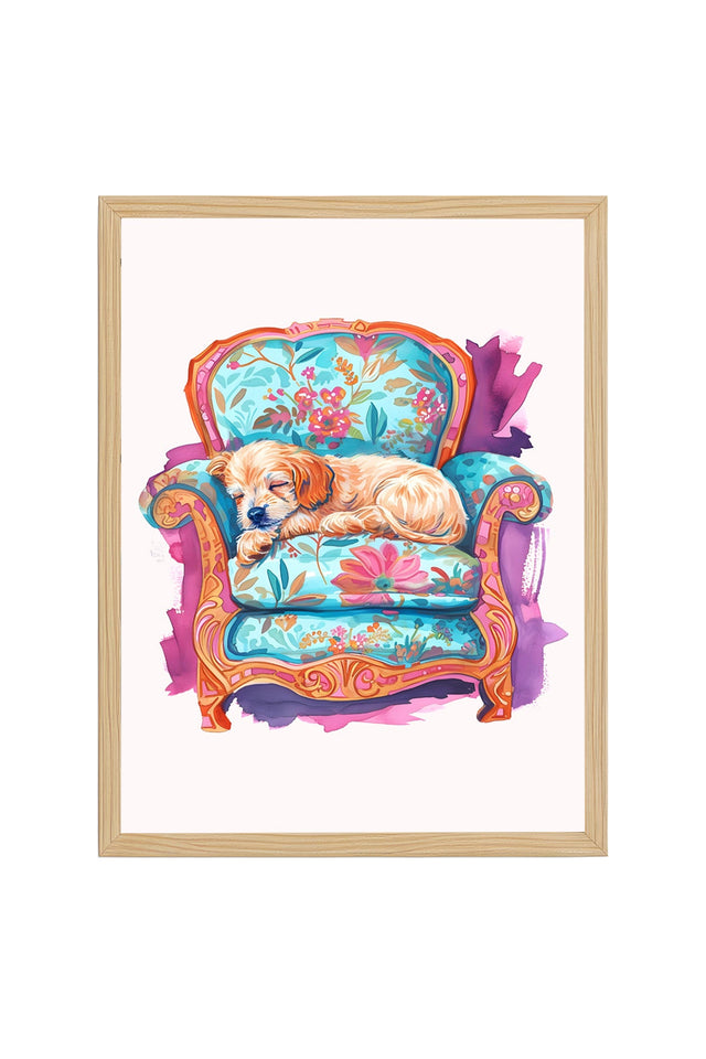 Doğal Ahşap Çerçeveli Retro Köpek Tablo - Floral Desenli Dekoratif | huhu2566