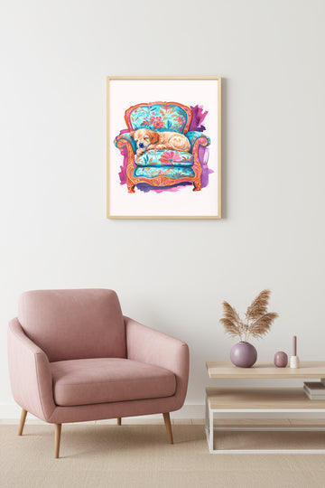 Doğal Ahşap Çerçeveli Retro Köpek Tablo - Floral Desenli Dekoratif | huhu2566