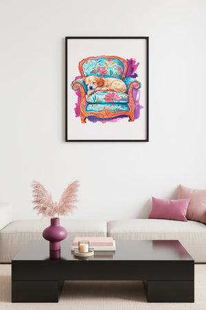 Doğal Ahşap Çerçeveli Retro Köpek Tablo - Floral Desenli Dekoratif | huhu2566