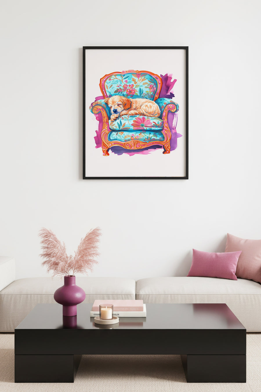 Doğal Ahşap Çerçeveli Retro Köpek Tablo - Floral Desenli Dekoratif | huhu2566