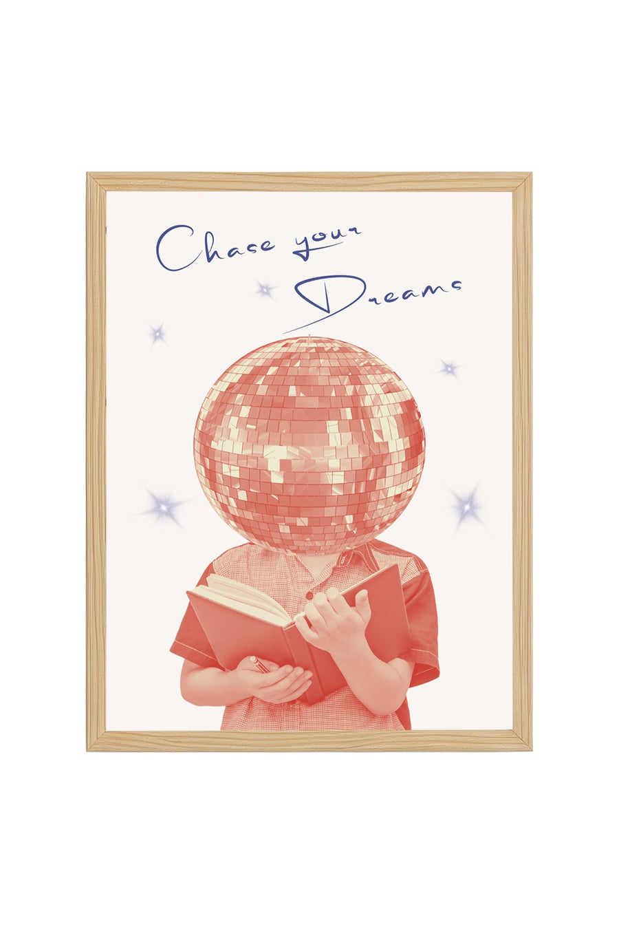 Doğal Ahşap Çerçeveli Retro Tablo - Pembe Geometrik Disco Desenli | huhu2567