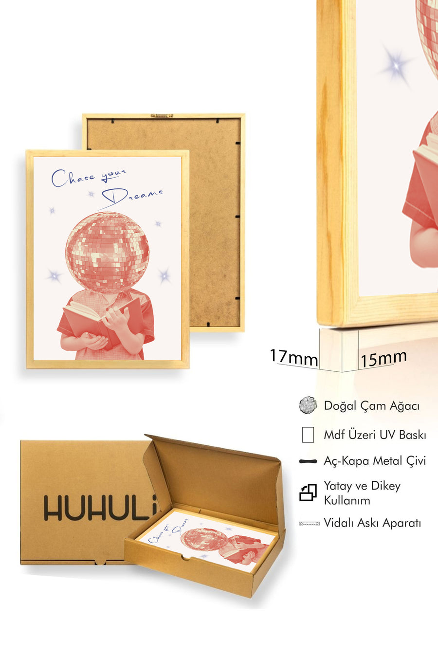 Doğal Ahşap Çerçeveli Retro Tablo - Pembe Geometrik Disco Desenli | huhu2567