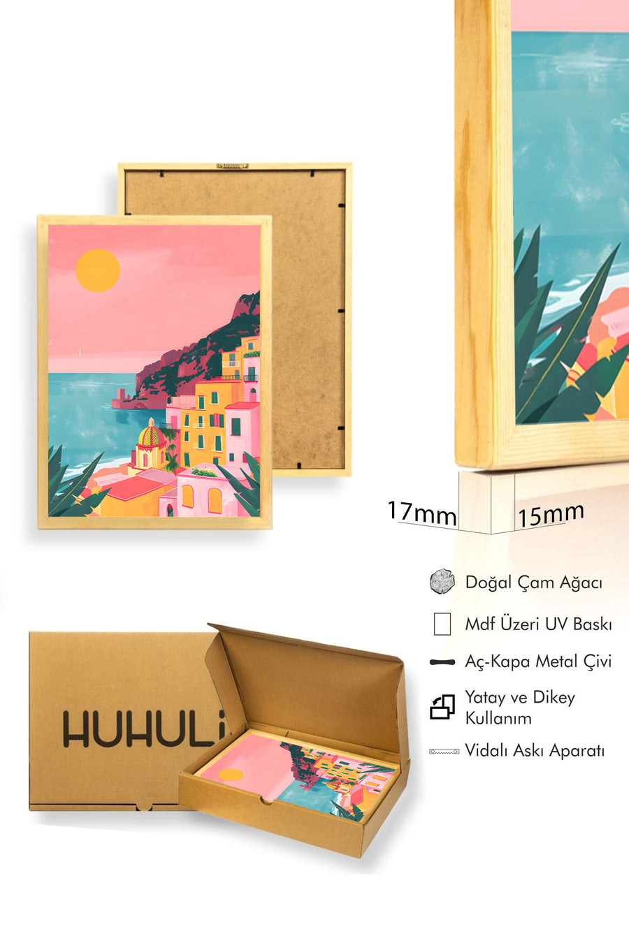 Doğal Ahşap Çerçeveli Retro Tablo - Akdeniz Sahili Pastel Tonlar | huhu2568