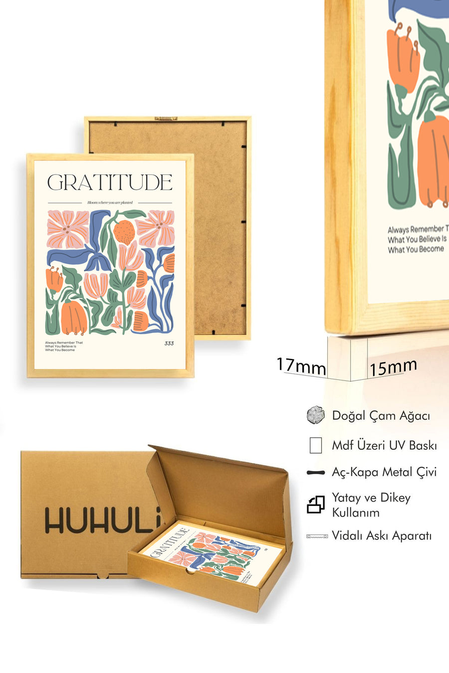 Doğal Ahşap Çerçeveli Retro Tablo - Pastel Botanik Çiçek Desenli | huhu2569