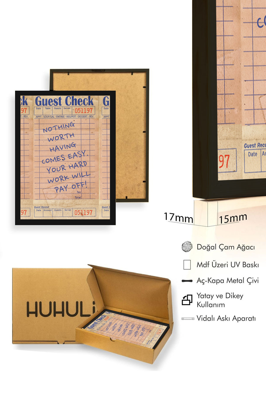 Doğal Ahşap Çerçeveli Vintage Retro Tablo - Motivasyonel Sözlü Diner Check | huhu2570