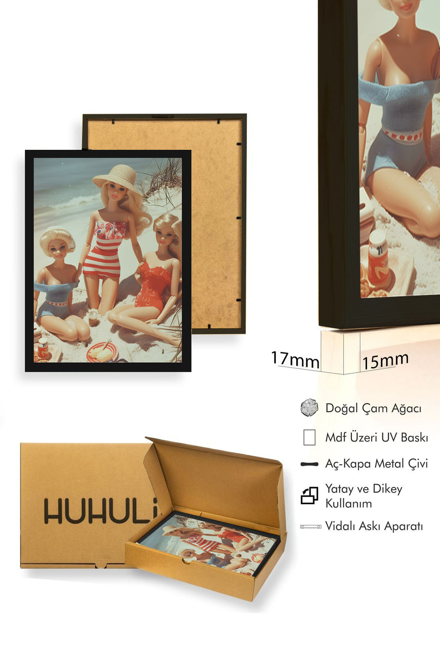 Doğal Ahşap Çerçeveli Retro Tablo - Yazlık Plaj Pop Art Desenli | huhu2572