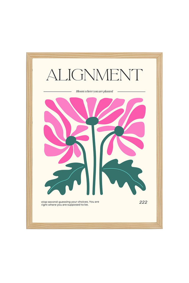 Doğal Ahşap Çerçeveli Floral Tablo - Retro Pembe Çiçek Desenli Poster | huhu2573
