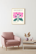 Doğal Ahşap Çerçeveli Floral Tablo - Retro Pembe Çiçek Desenli Poster | huhu2573