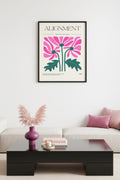 Doğal Ahşap Çerçeveli Floral Tablo - Retro Pembe Çiçek Desenli Poster | huhu2573