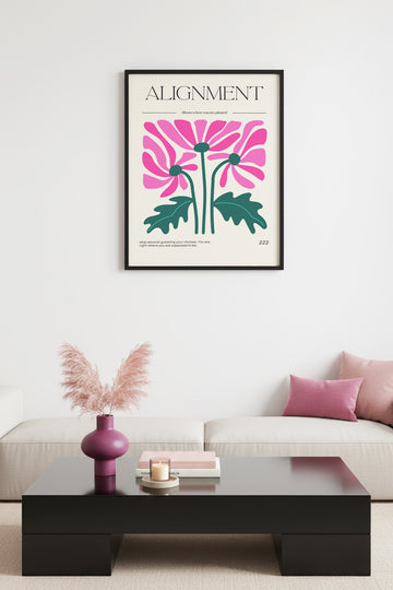 Doğal Ahşap Çerçeveli Floral Tablo - Retro Pembe Çiçek Desenli Poster | huhu2573