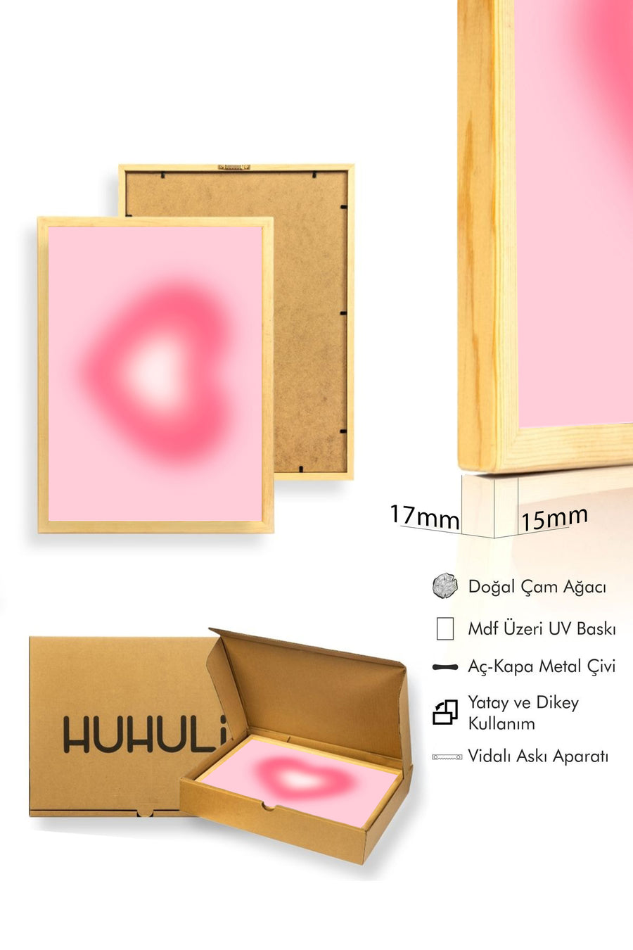 Doğal Ahşap Çerçeveli Retro Tablo - Pembe Kalp Soyut Tasarım | huhu2575
