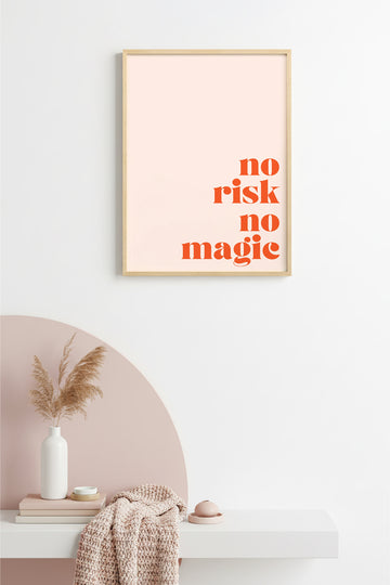 Doğal Ahşap Çerçeveli Retro Tablo - Tipografi No Risk No Magic | huhu2578