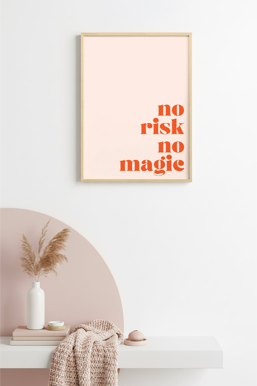 Doğal Ahşap Çerçeveli Retro Tablo - Tipografi No Risk No Magic | huhu2578