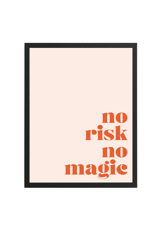 Doğal Ahşap Çerçeveli Retro Tablo - Tipografi No Risk No Magic | huhu2578