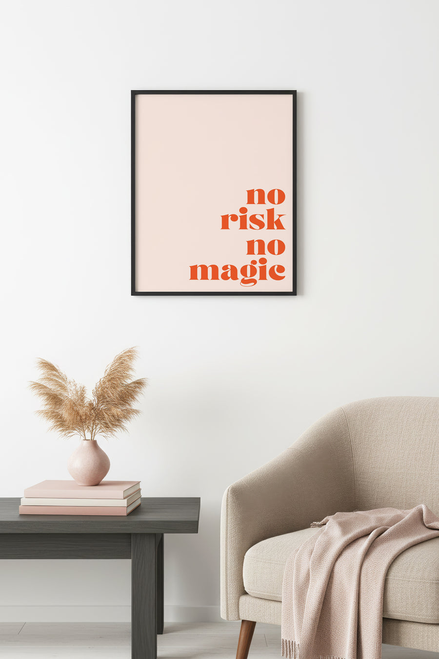 Doğal Ahşap Çerçeveli Retro Tablo - Tipografi No Risk No Magic | huhu2578