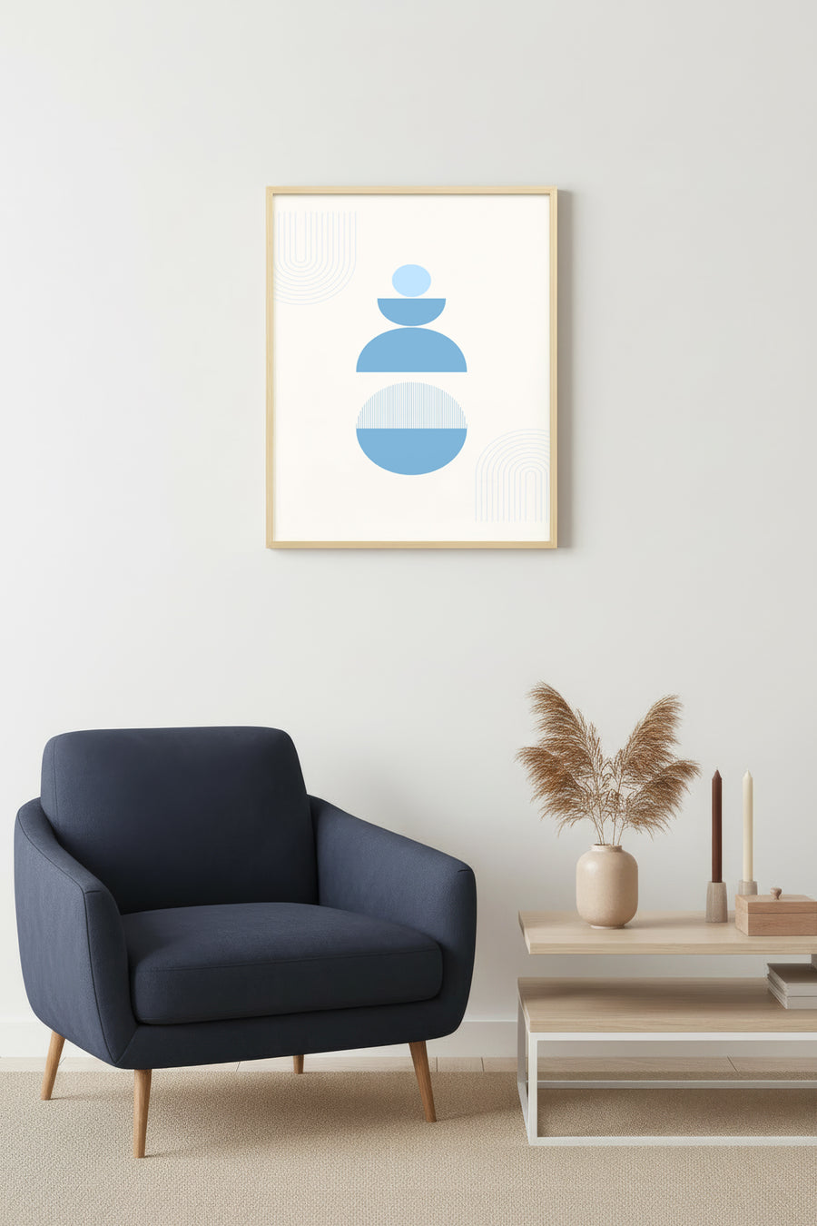 Doğal Ahşap Çerçeveli Minimalist Soyut Tablo - Pastel Maviler | huhu2582
