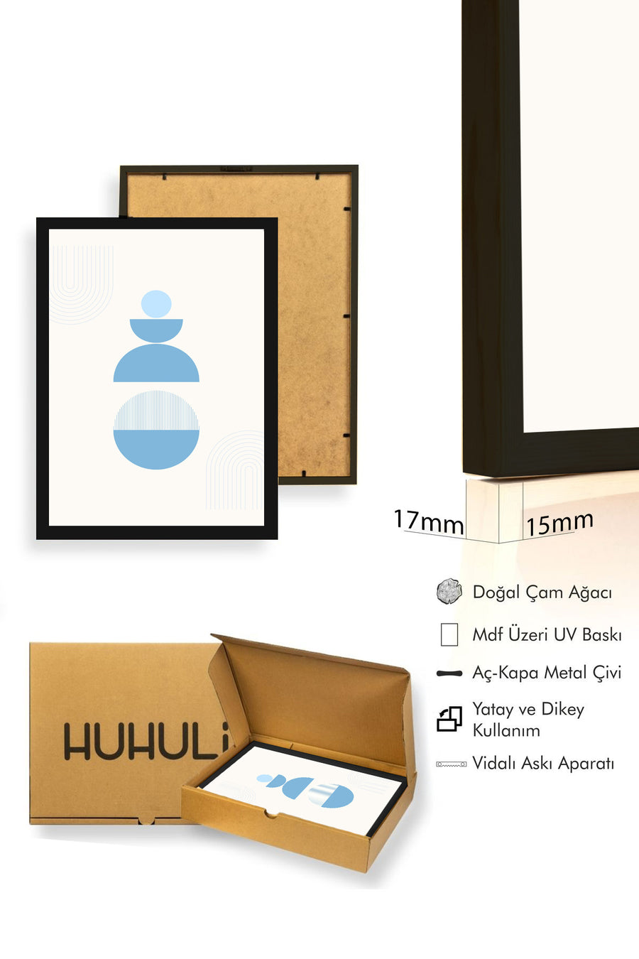 Doğal Ahşap Çerçeveli Minimalist Soyut Tablo - Pastel Maviler | huhu2582