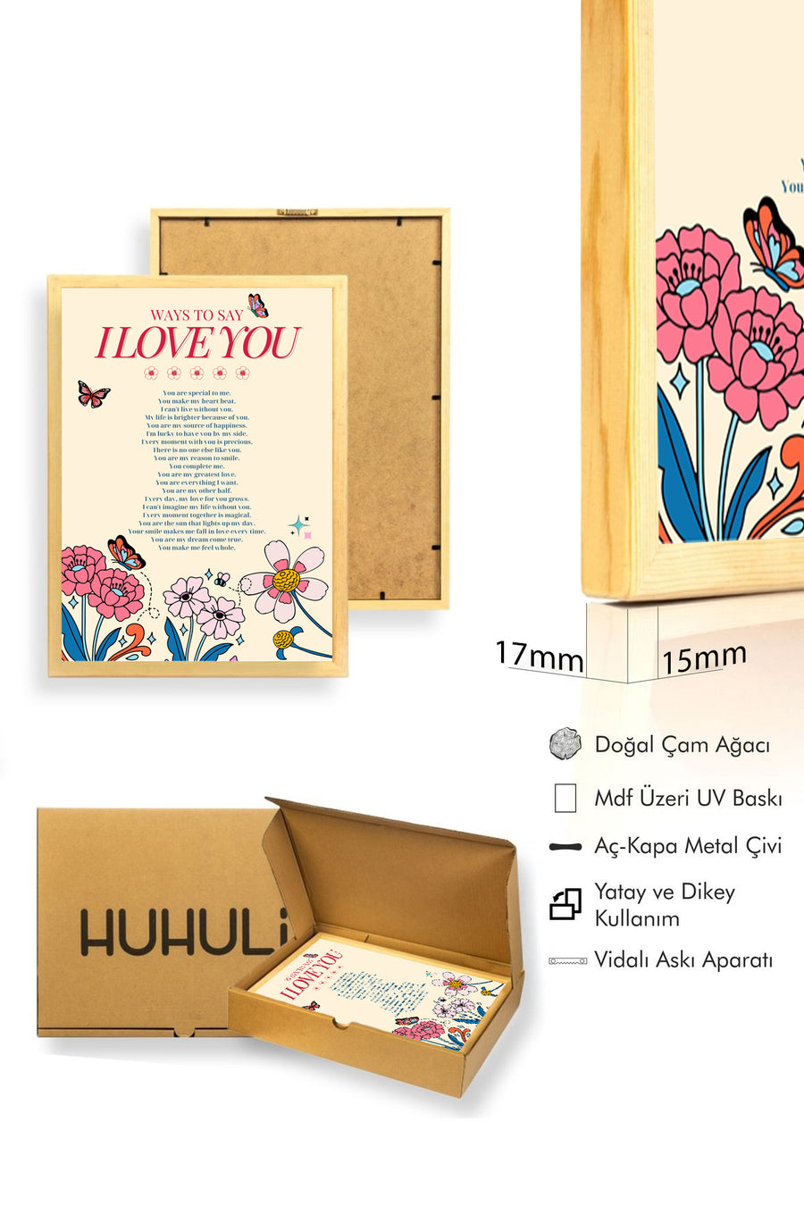 Doğal Ahşap Çerçeveli Retro Çiçekli Romantik Tablo - Aşk Sözleri | huhu2583