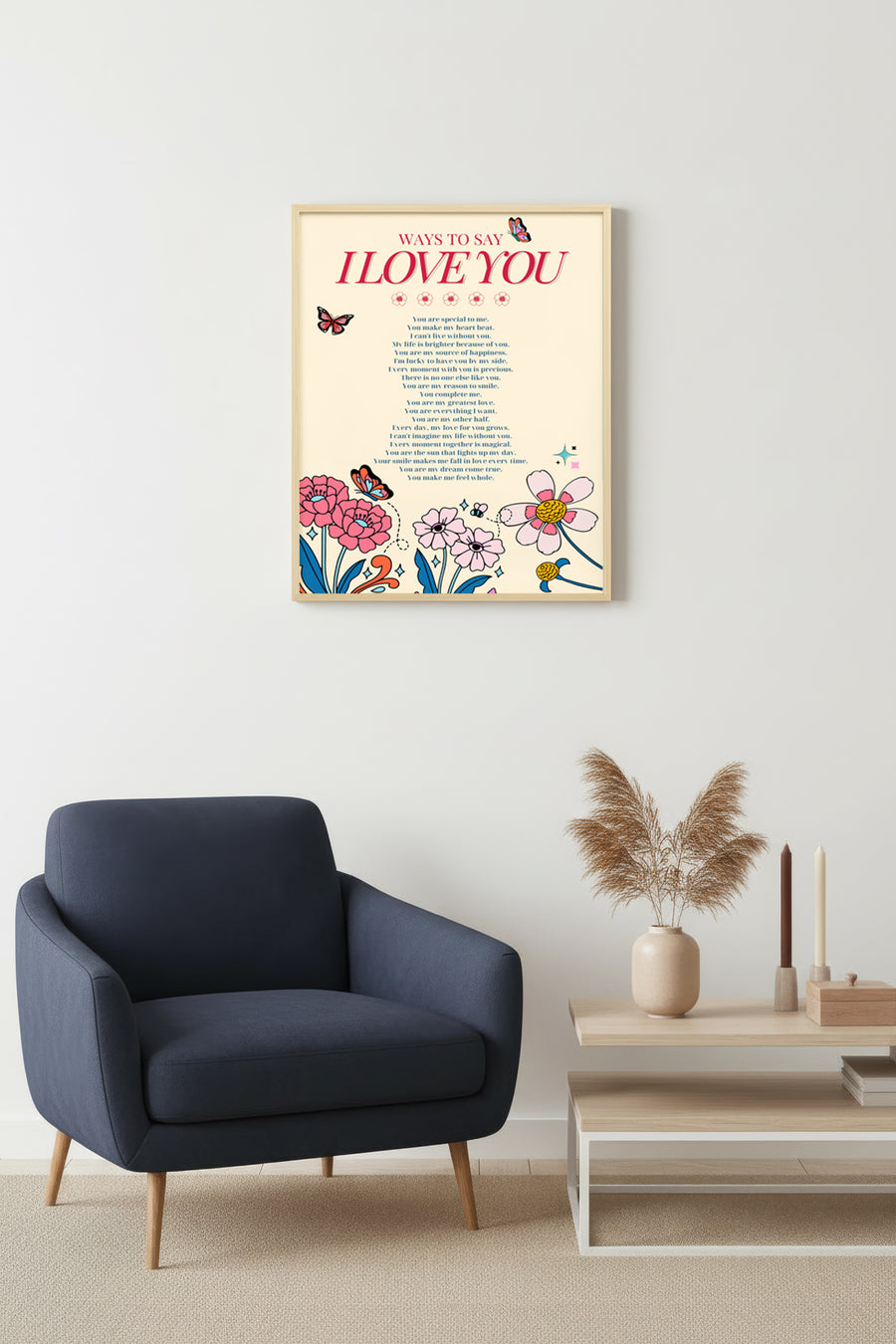 Doğal Ahşap Çerçeveli Retro Çiçekli Romantik Tablo - Aşk Sözleri | huhu2583