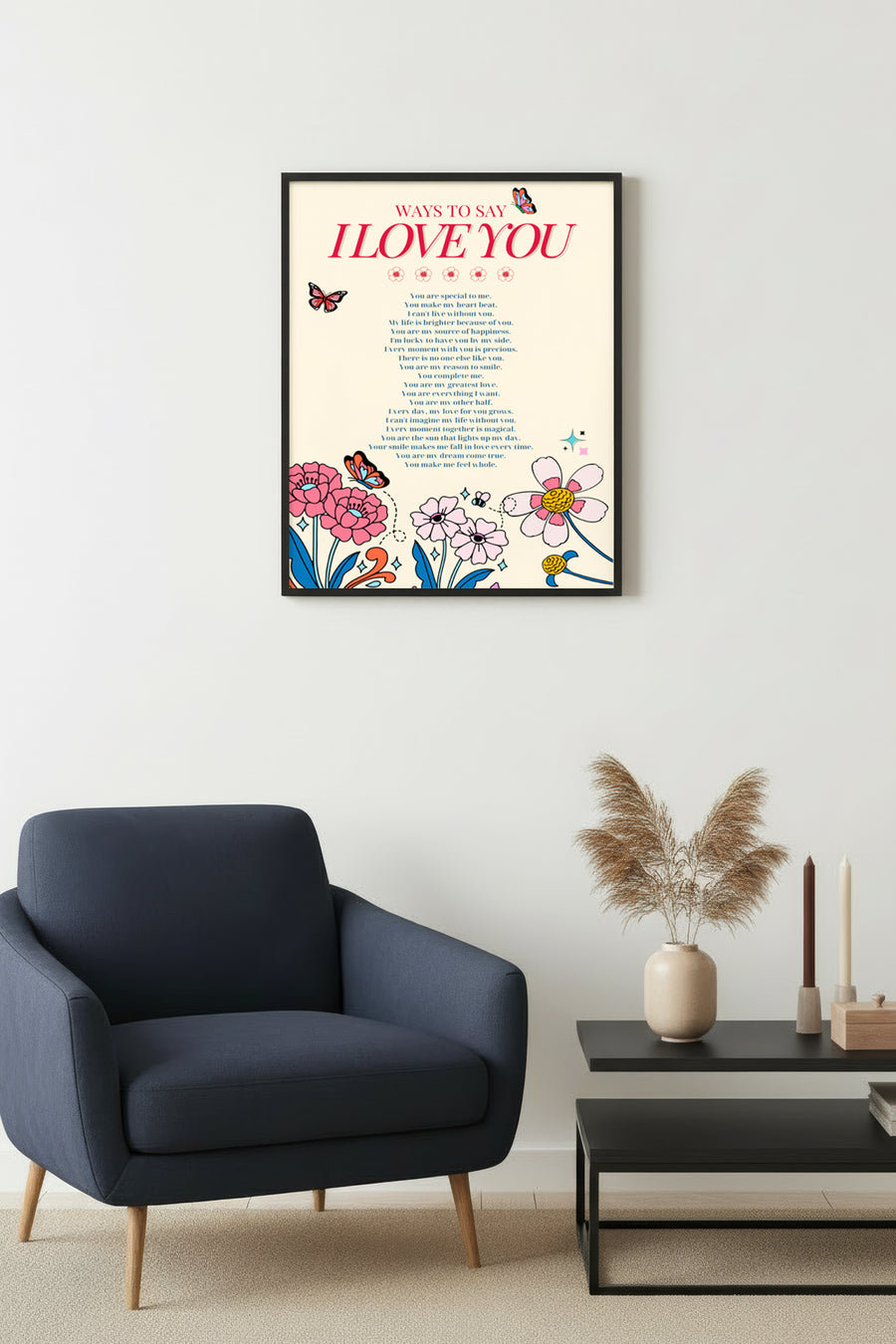 Doğal Ahşap Çerçeveli Retro Çiçekli Romantik Tablo - Aşk Sözleri | huhu2583