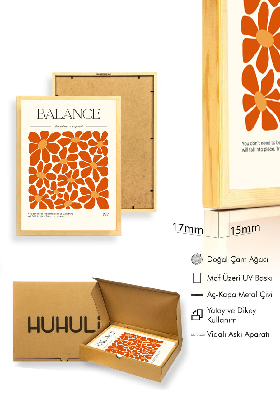 Doğal Ahşap Çerçeveli Retro Floral Tablo - Turuncu Soyut Desen | huhu2585
