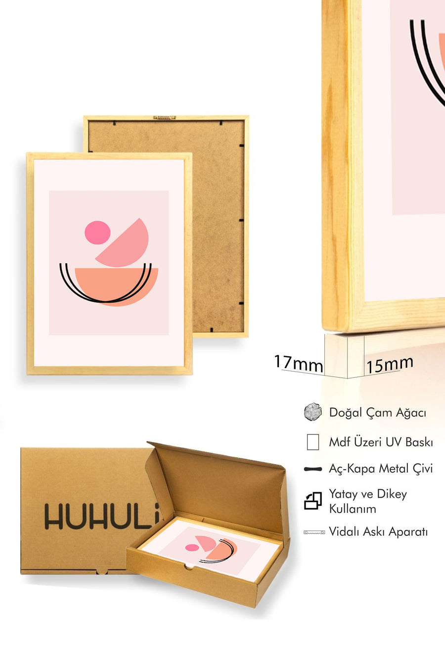 Doğal Ahşap Çerçeveli Retro Tablo - Soyut Pastel Formlar | huhu2586