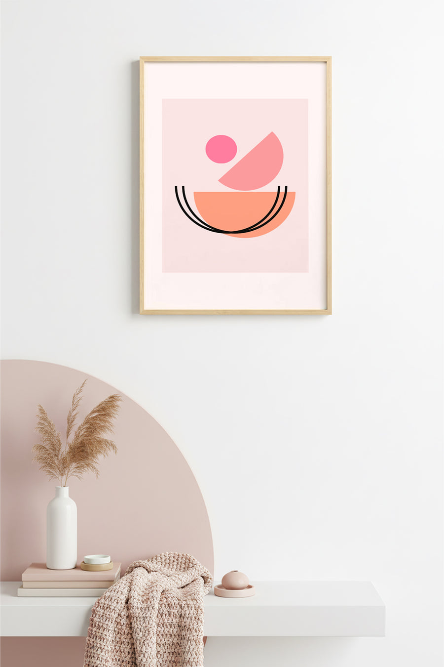 Doğal Ahşap Çerçeveli Retro Tablo - Soyut Pastel Formlar | huhu2586