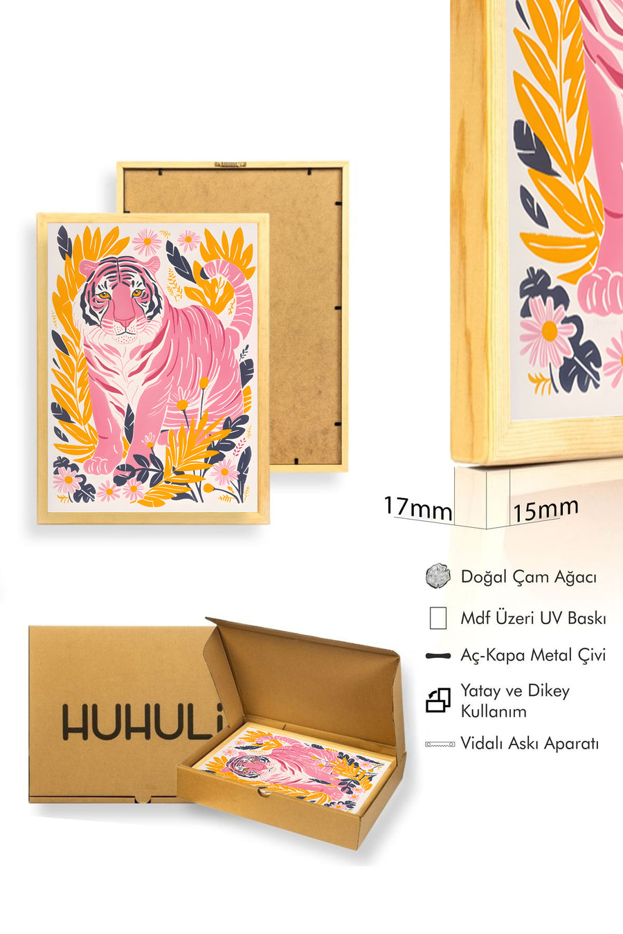 Doğal Ahşap Çerçeveli Pembe Kaplan Tablo - Retro Tropikal Orman Sanatı | huhu2590