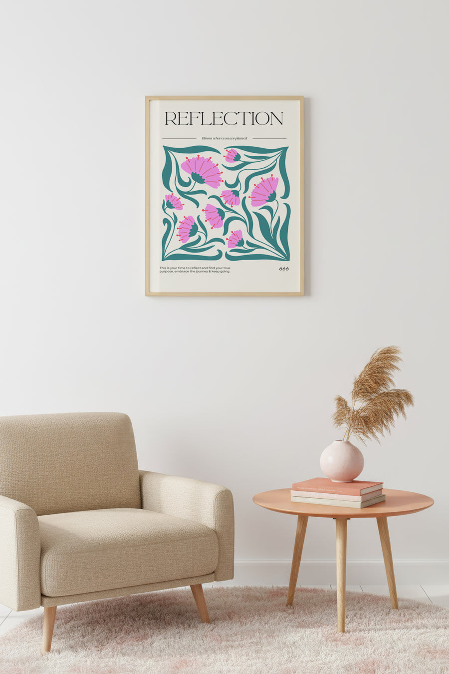Doğal Ahşap Çerçeveli Retro Floral Desenli Tablo - Pembe Tonlar | huhu2592