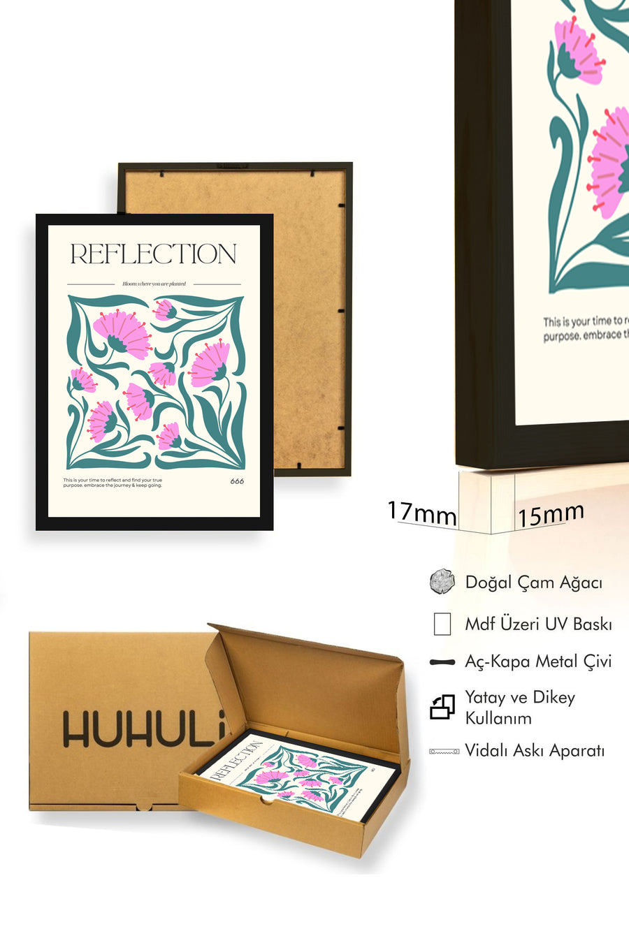Doğal Ahşap Çerçeveli Retro Floral Desenli Tablo - Pembe Tonlar | huhu2592