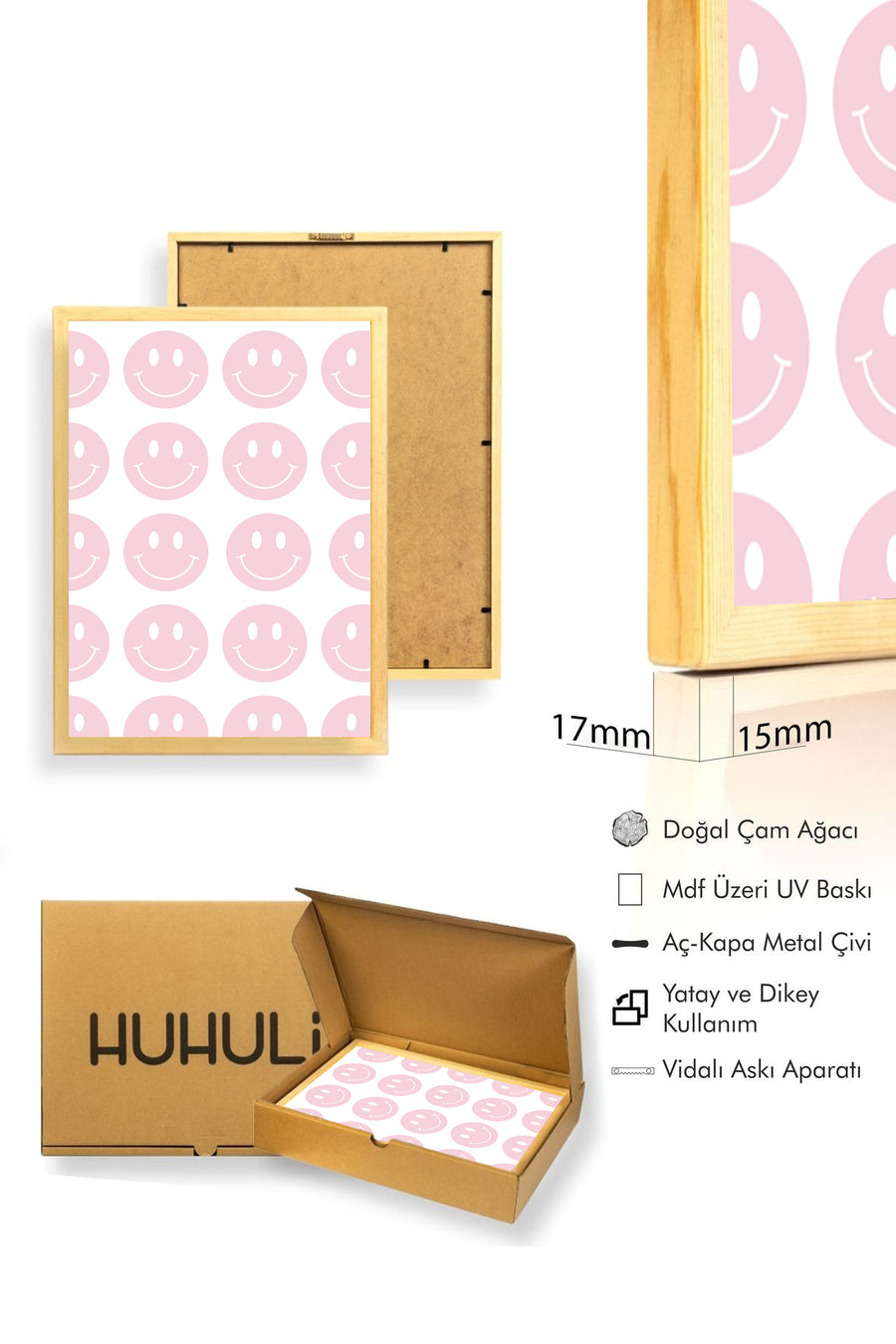 Doğal Ahşap Çerçeveli Retro Tablo - Neşeli Smiley Yüz Desenli | huhu2594