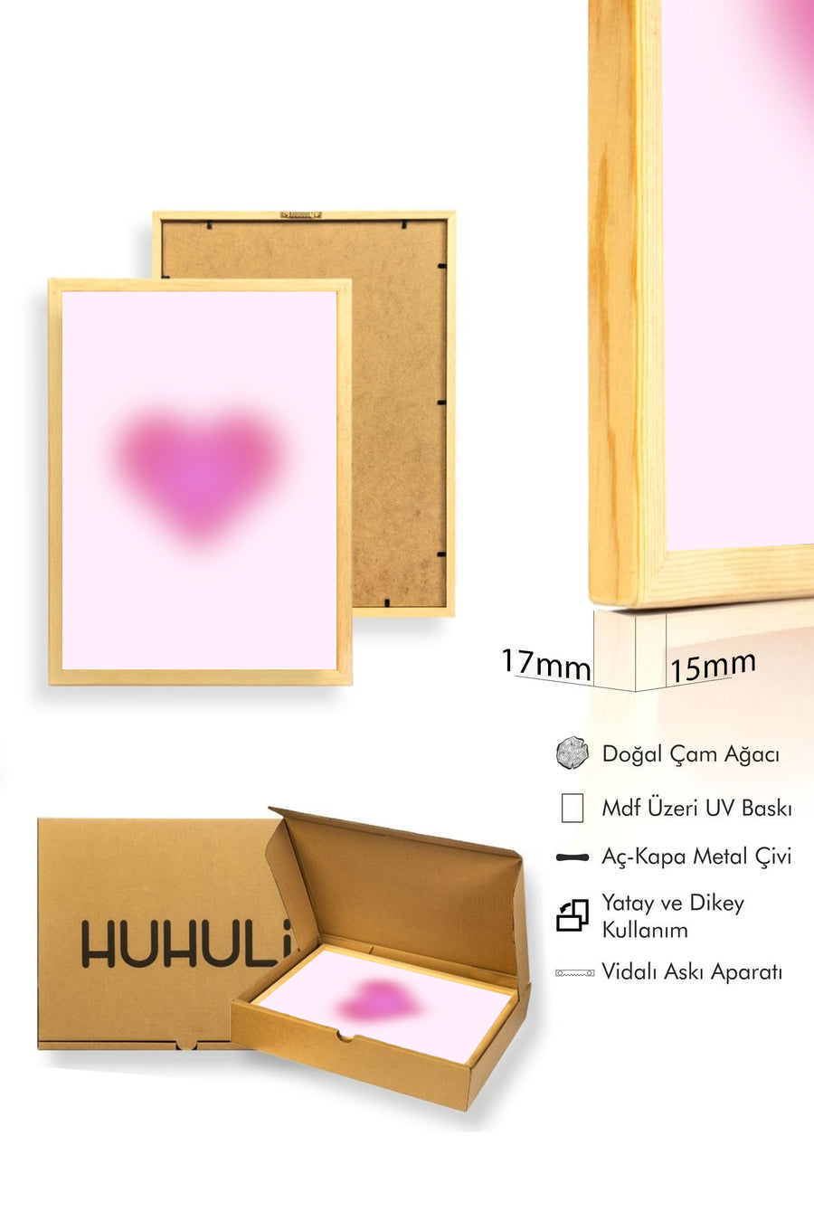 Doğal Ahşap Çerçeveli Retro Soyut Kalp Tablo - Pembe Tonlar | huhu2595
