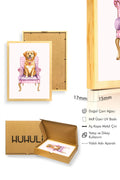 Doğal Ahşap Çerçeveli Golden Retriever Köpek Tablo - Retro Hayvan Portresi | huhu2596