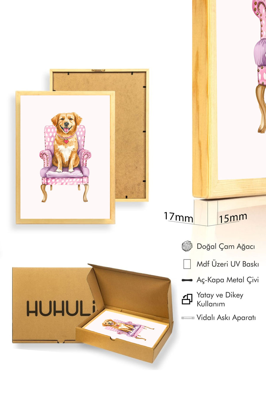 Doğal Ahşap Çerçeveli Golden Retriever Köpek Tablo - Retro Hayvan Portresi | huhu2596